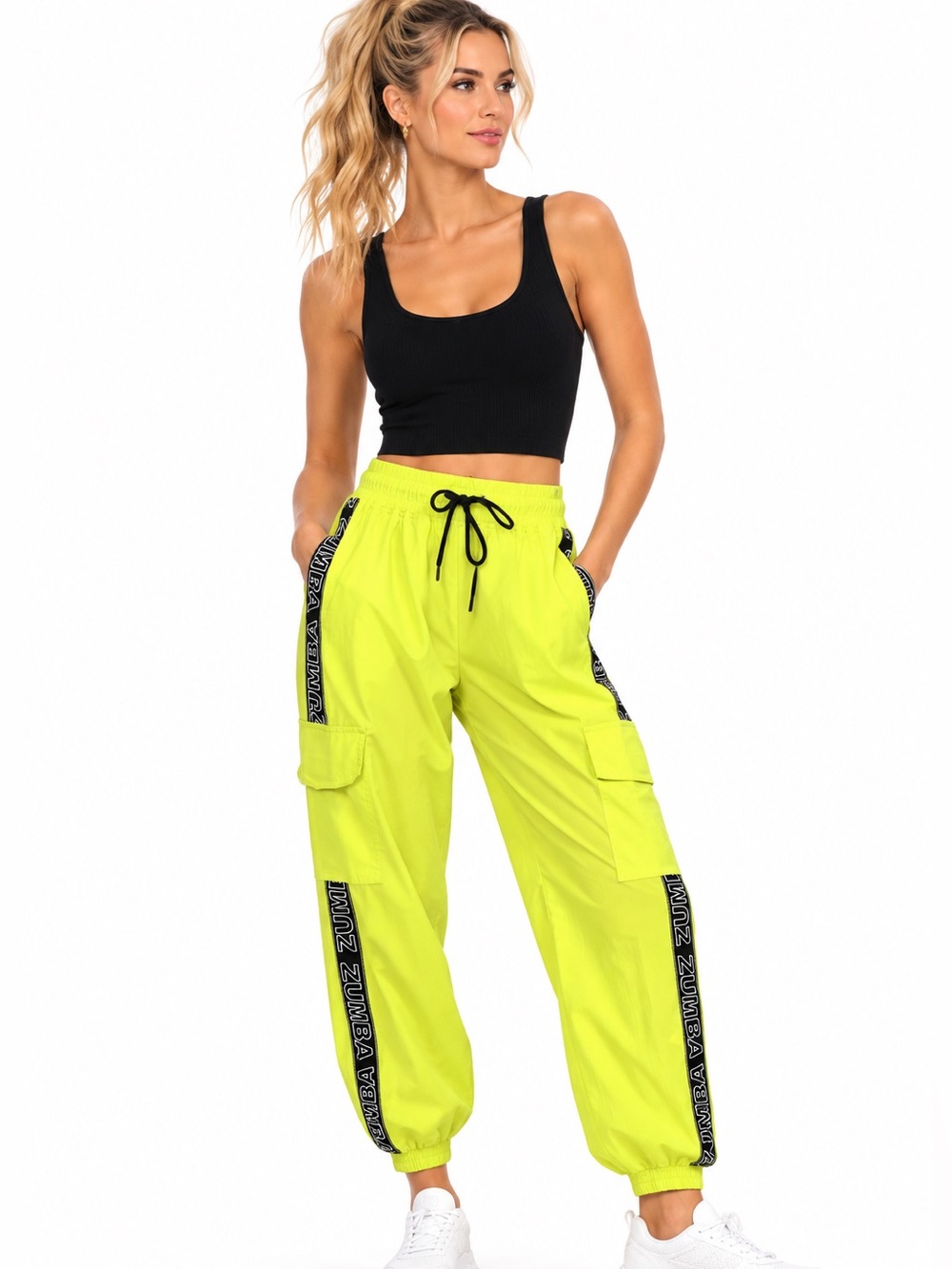 Zumba Neon Yellow Cargo Jogger Pants XS Logo Tape Dance Fitness NWOT